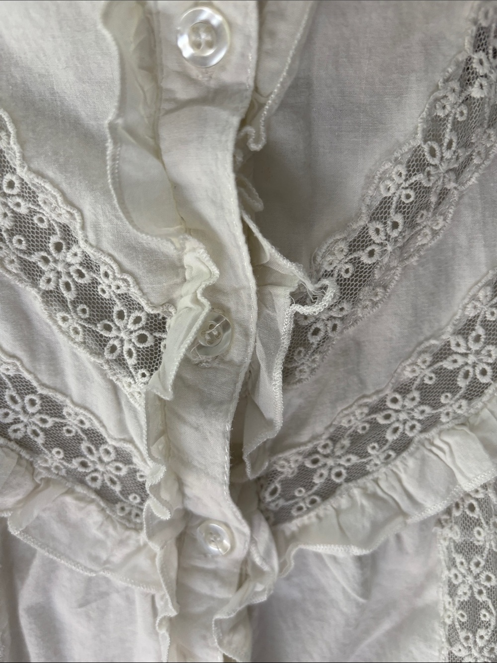 White Lace-Trim Ruffle Button Front Women's Top - Picture 5 of 5